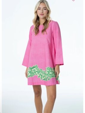 Pink Mini Shift Dress with Green Scroll Hem